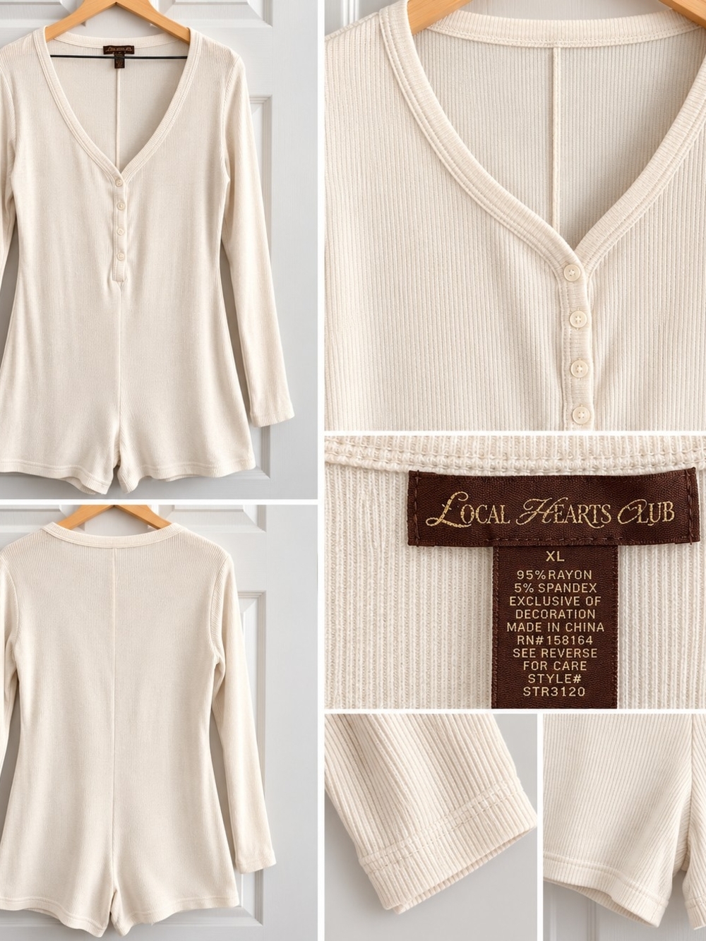 Cream Ribbed V-Neck Henley Sweater Romper